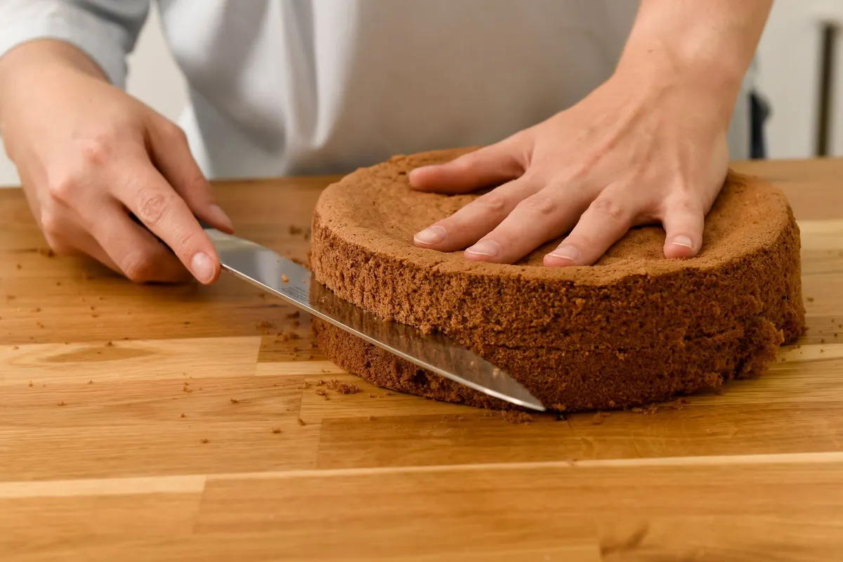 Hands splitting a chocolate sponge with a long knife on a wooden bench, crumb scattered across the board