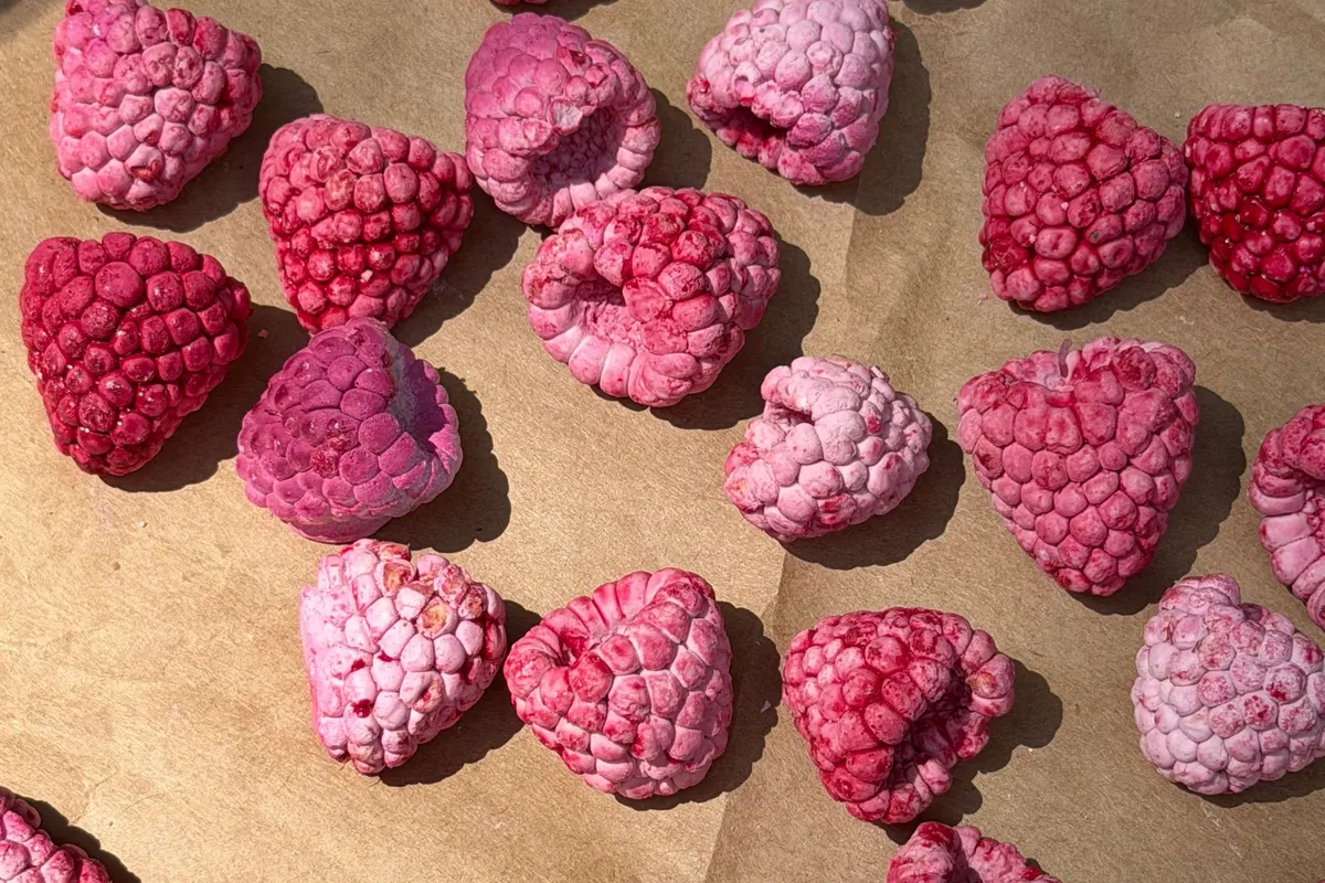 Whole dried raspberries laid out on kraft paper, matte and opaque with every drupelet intact at full size