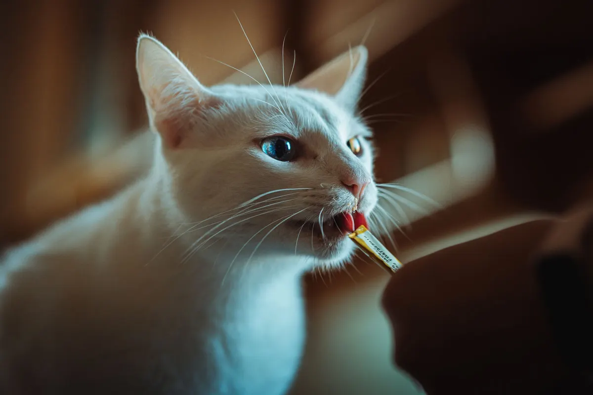Cat eating a freeze-dried meat treat
