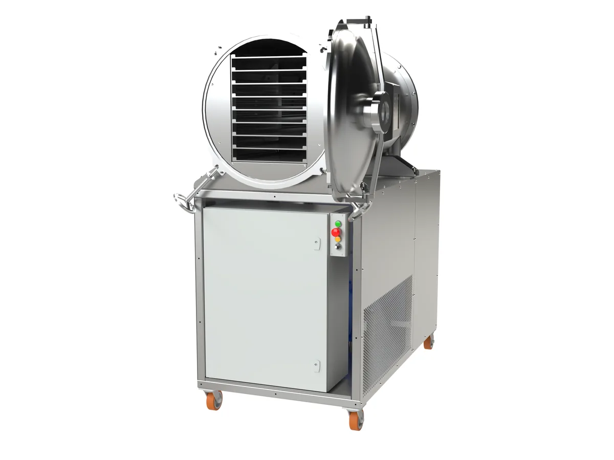 LEO-030 freeze dryer — chamber and shelves with the door open, alternate angle